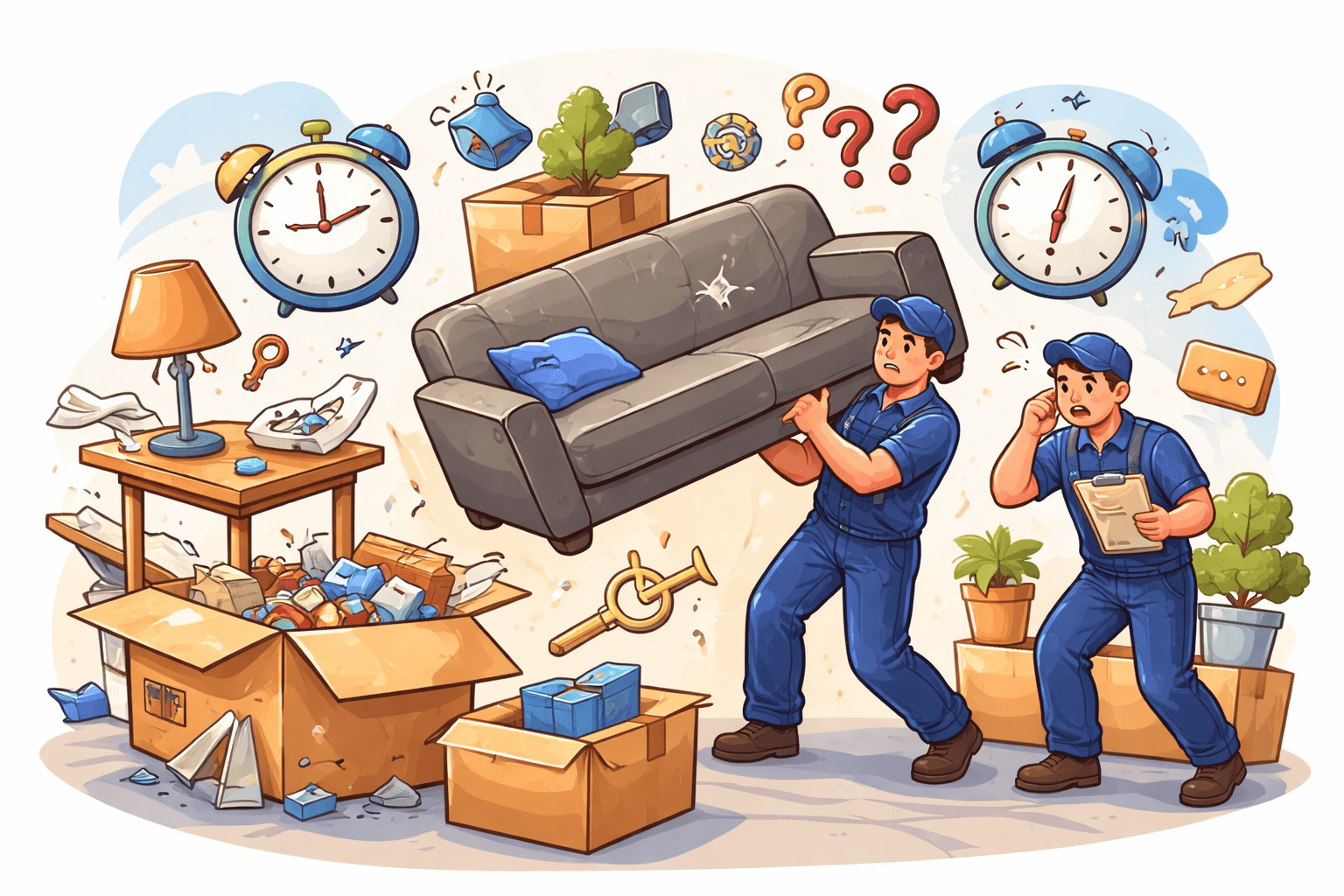 Illustration von symbolischen Umzugs-Stolperfallen mit Paketen, Möbeln, Uhr und Checklisten – visuelle Darstellung typischer Herausforderungen beim Umzug für ein Umzugsunternehmen