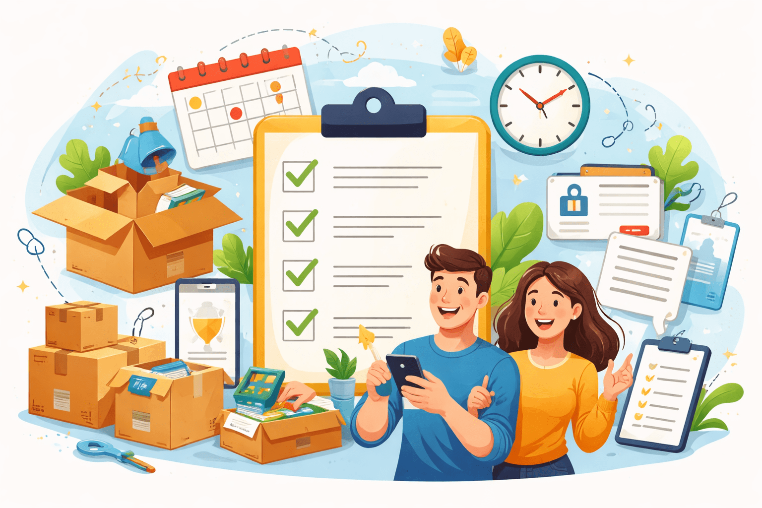 Illustration einer Umzugs-Checkliste mit Kartons, Kalender und Planungssymbolen für einen stressfreien Umzug