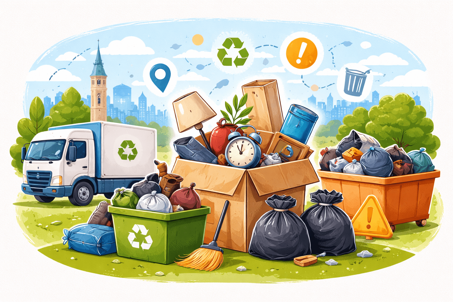 Entrümpelung und fachgerechte Entsorgung von Haushaltsgegenständen nach dem Umzug mit Recycling-Symbolen