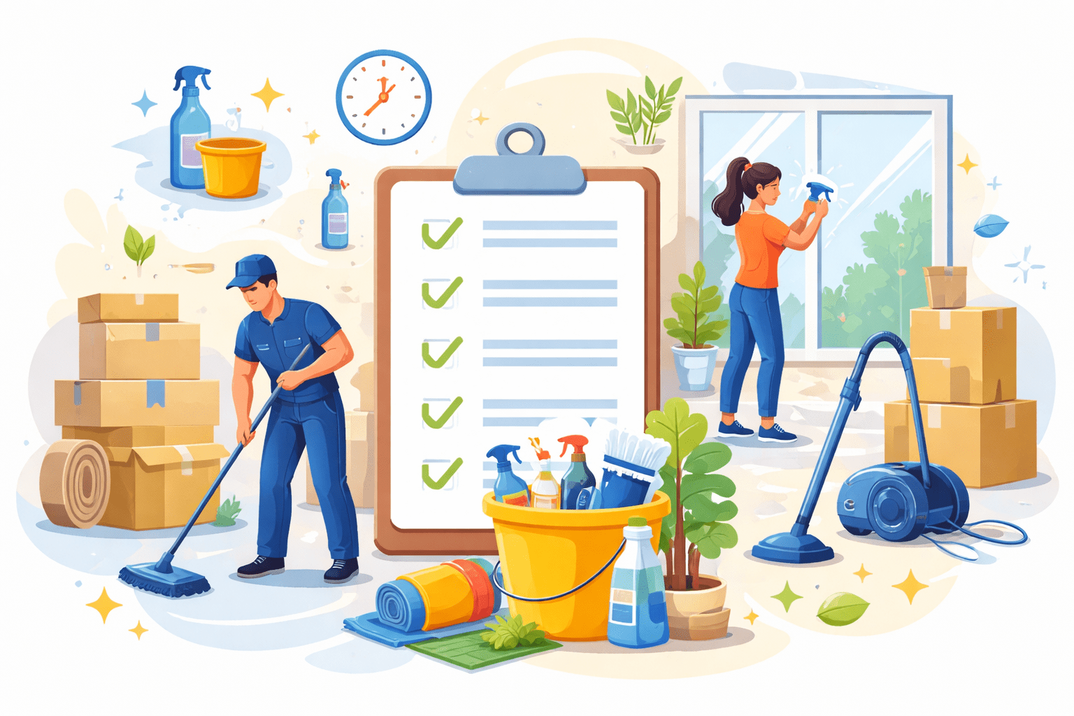 Symbolische Darstellung der Endreinigung nach dem Umzug mit Checkliste, Reinigungsutensilien und leerer Wohnung