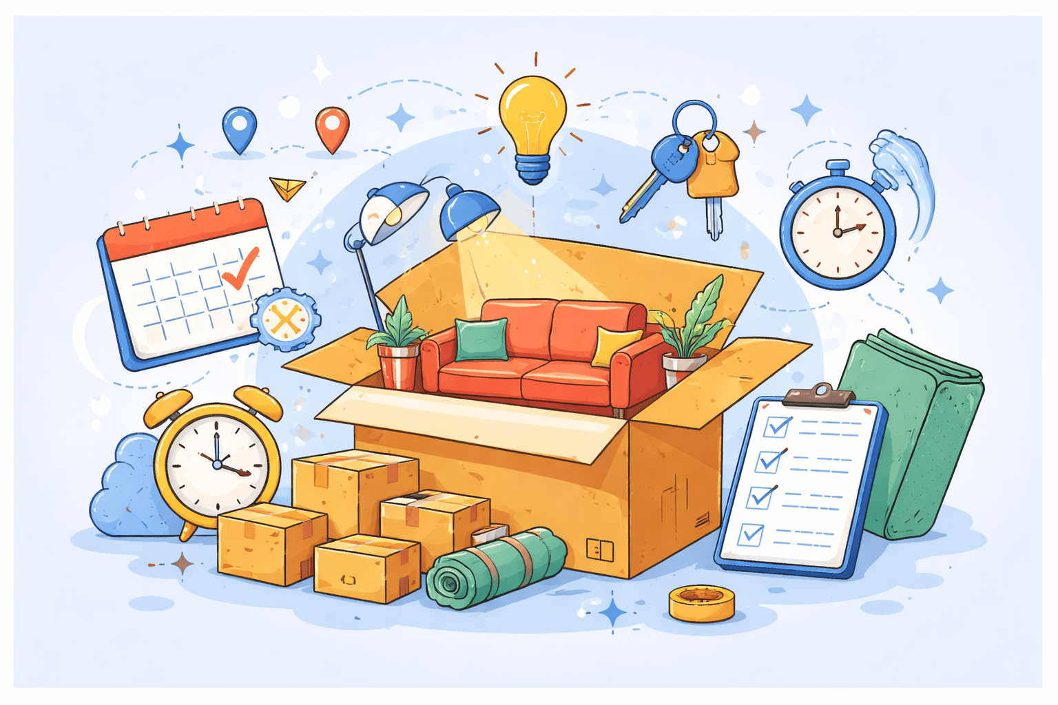 Umzugsszene mit eingerichteter Wohnung, funktionierendem Licht und Checkliste für wohnfertiges Ankommen