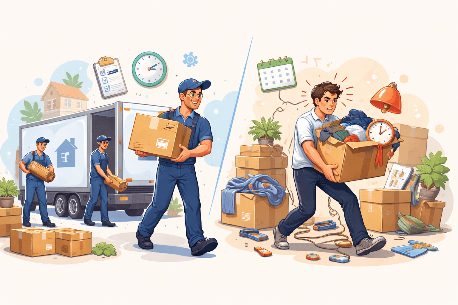 Vergleich zwischen professionellem Umzugsservice und selbst organisiertem Umzug mit Stress- und Planungssymbolen