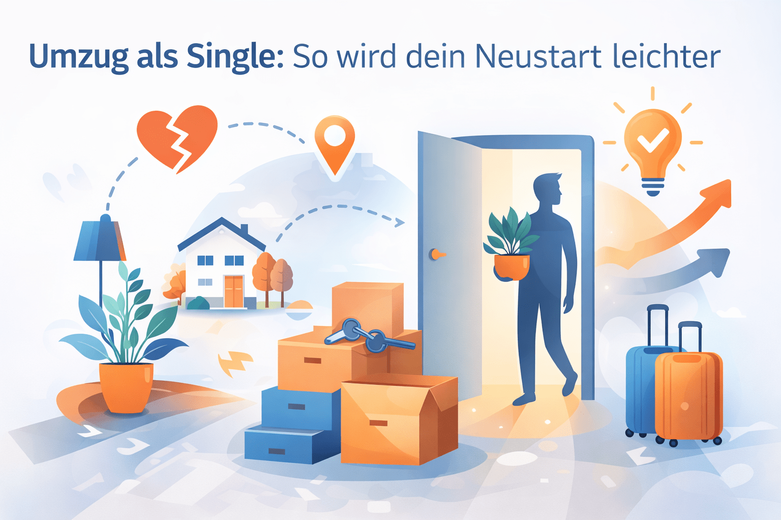 Symbolischer Neustart nach dem Umzug als Single mit Kartons, Schlüsselübergabe und neuer Wohnung