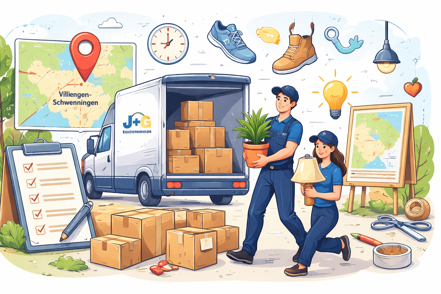 Umzugsszene mit Umzugswagen, Kartons und Karte von Villingen-Schwenningen zur lokalen Umzugsplanung