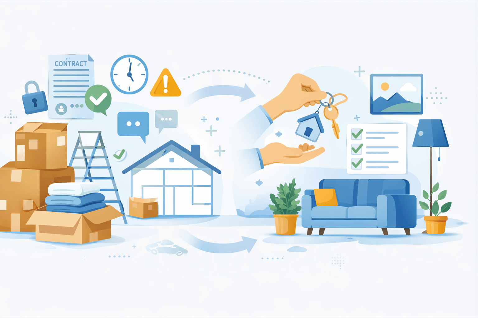 Symbolische Darstellung eines wohnfertigen Umzugs mit Schlüsselübergabe, Kartons und eingerichteter Wohnung