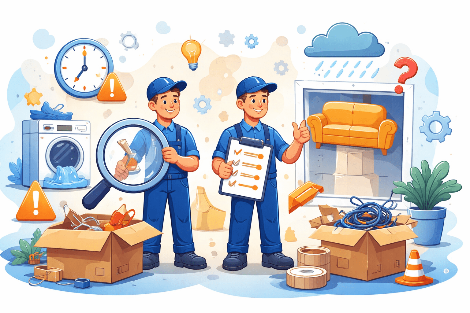 Illustration mit Umzugshelfern, Checkliste und Warnsymbolen zur Lösung typischer Probleme am Umzugstag