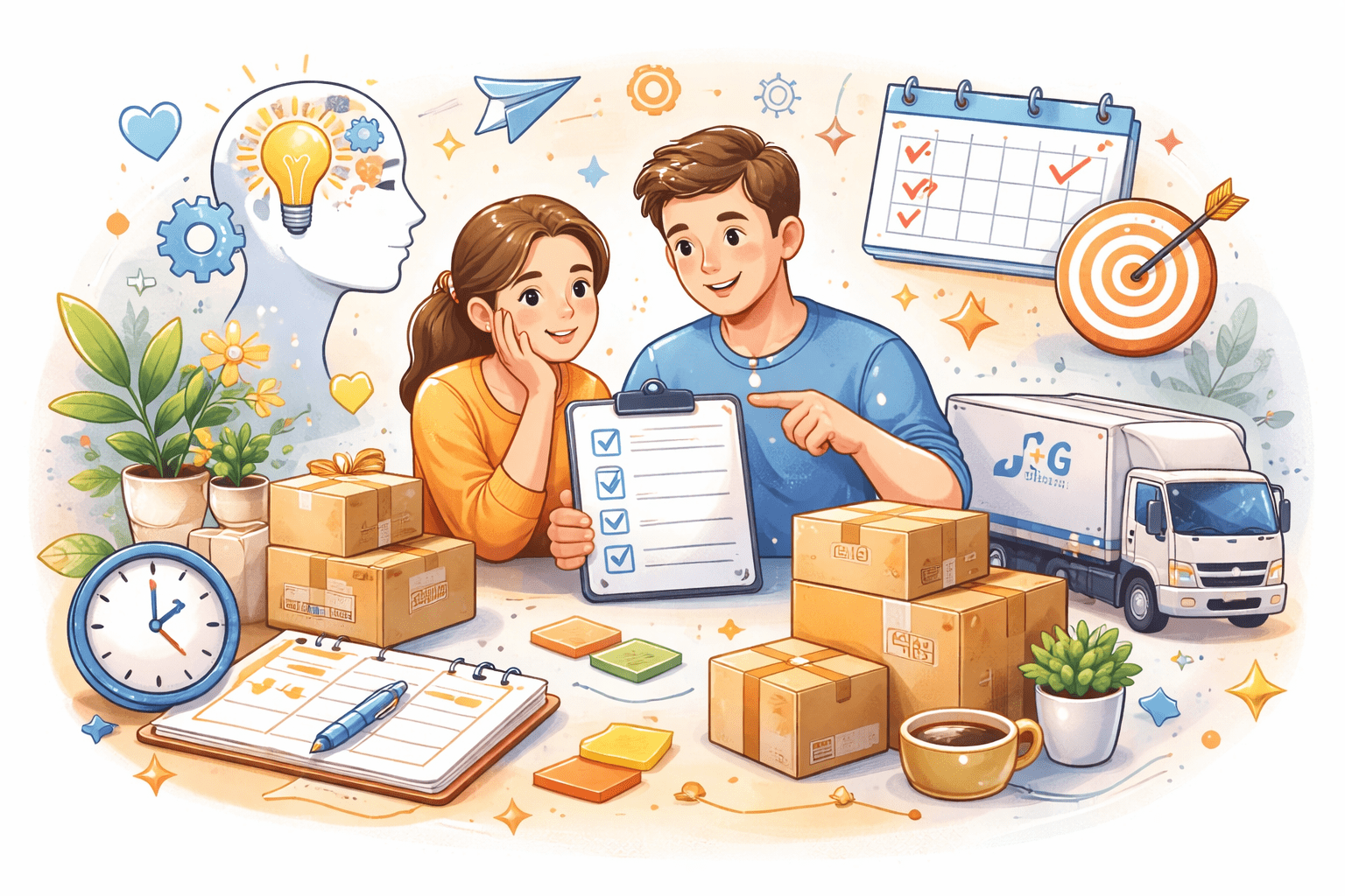 Illustration zur mentalen Vorbereitung auf den Umzug mit Planung, Ruhe und Stressreduktion