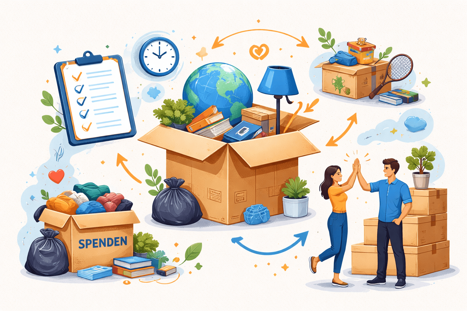 Illustration zum stressfreien Umziehen durch Entrümpelung mit weniger Ballast und klarem Neubeginn