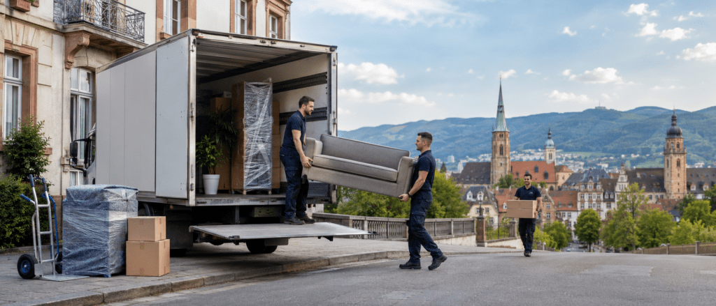 Professionelle Umzugshelfer laden Möbel und Umzugskartons vor der Kulisse von Offenburg in einen Transporter.