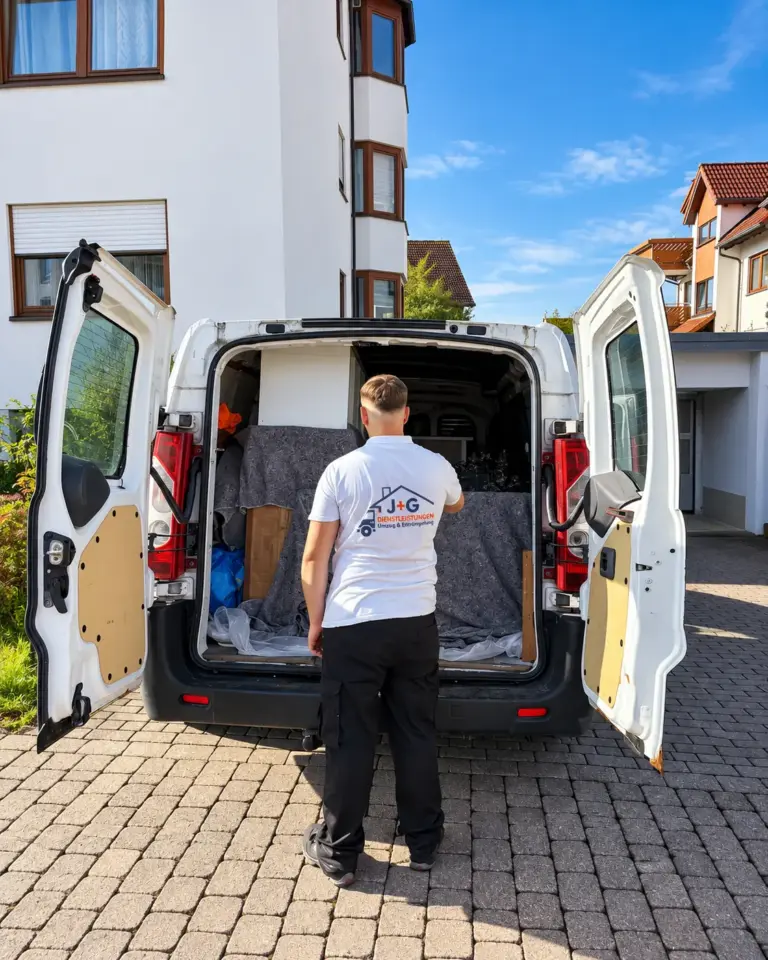 J+G Mitarbeiter am geöffneten Transportfahrzeug während eines Möbeltransports