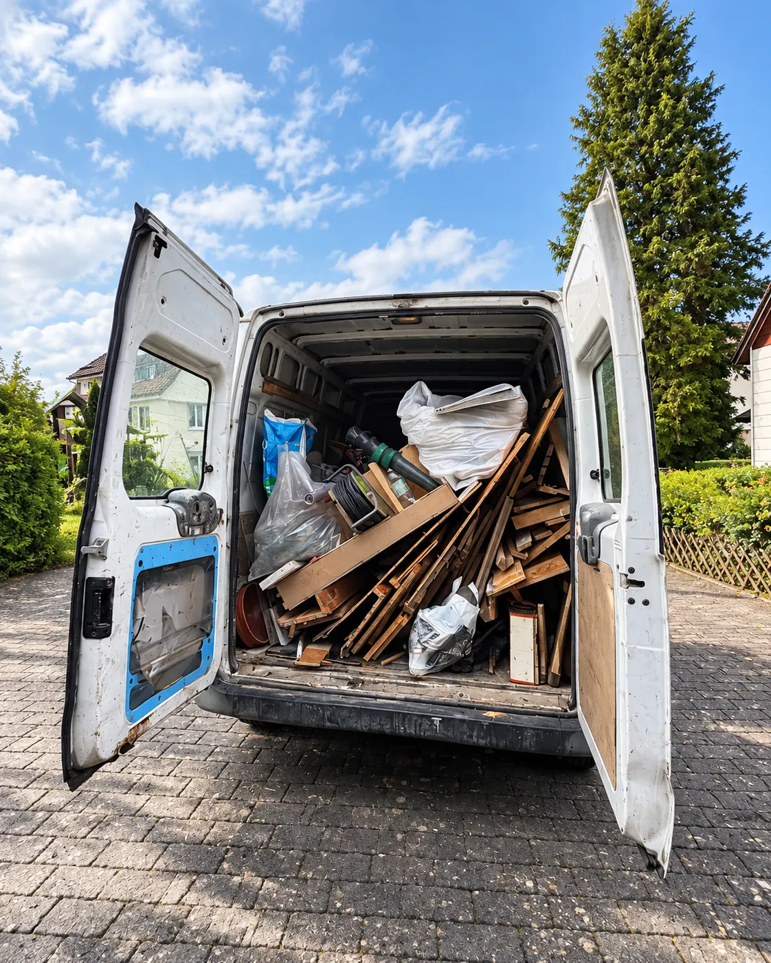 Geöffneter Transporter mit geladenen Holzbrettern und Sperrmüll bei einem J+G Auftrag