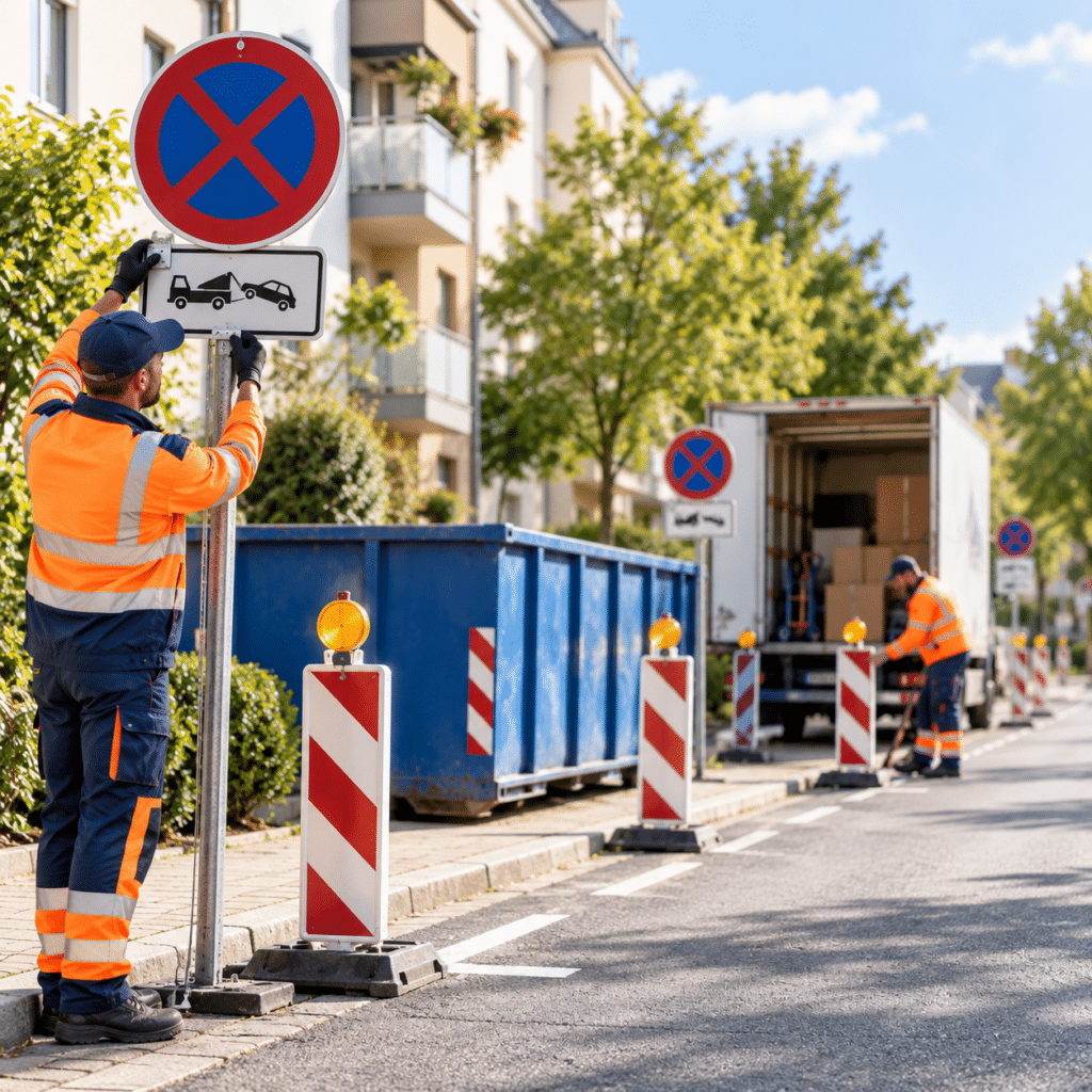 Mitarbeiter von J+G Dienstleistungen stellt Halteverbotsschilder zur Verkehrssicherung bei einer Containerstellung in Villingen-Schwenningen auf.